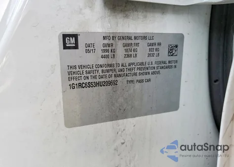 2017 Chevrolet Volt Lt z USA, uszkodzony, nr VIN 1G1RC6S53HU209692